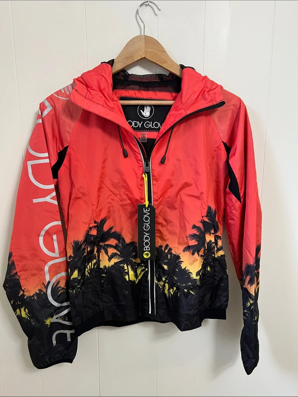 NEW Body Glove Vibrant Sunset Palm Tree Print Hooded Windbreaker Light Jacket XS